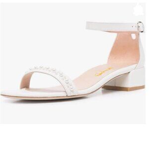 XYD White Pearls Open Toe Strappy Low Block Heel Sandal Ankle Strap with Buckle